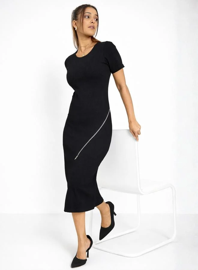 WineRed Women Black Short Sleeve Bodycon Midi Dress